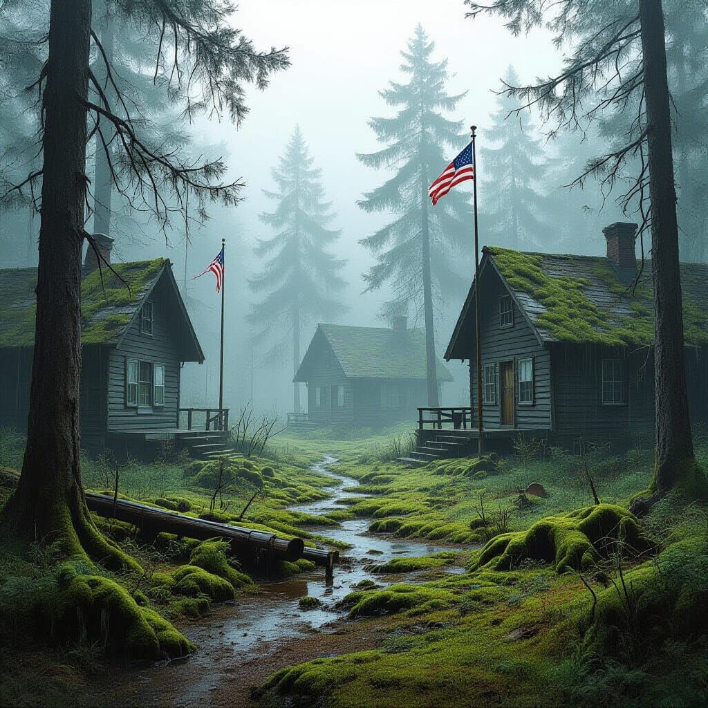 An abandoned Girl Scout camp nestled deep within a reclaimed forest. Rain falls gently, soaking the moss-covered ground and broken stems sca...