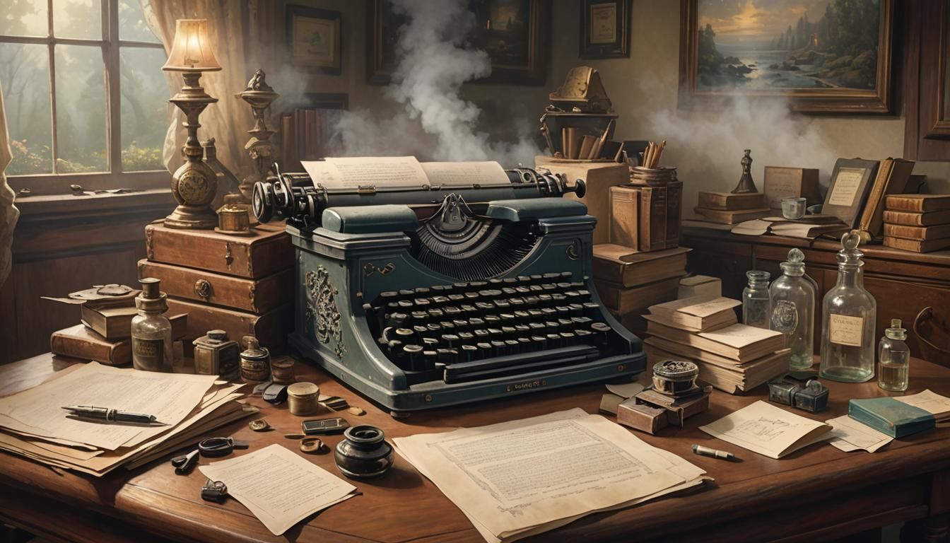 A vintage writer's desk with a typewriter, ink bottle, and a stack of ...