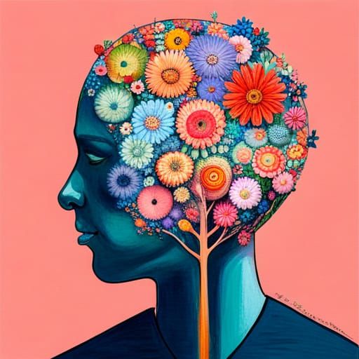 Flowers blooming out of brain, covered in flowers, gouache detailed ...