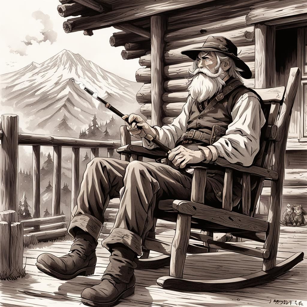 a  mountain man smoking a pipe setting in rocking chair on t...