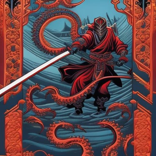 samurai octopus in style of hokusai
