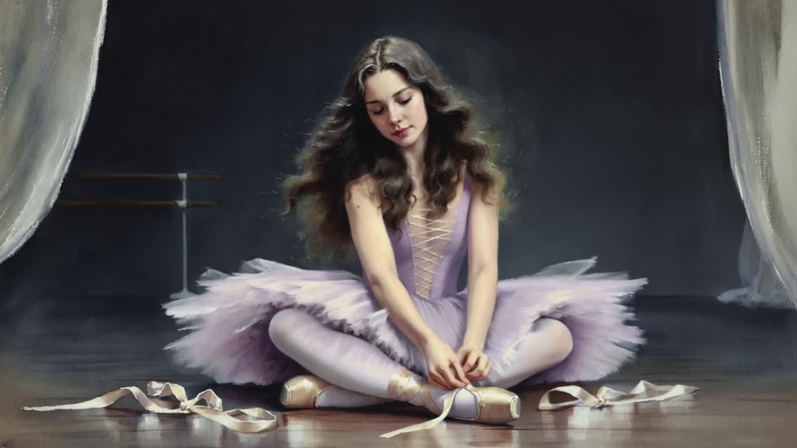 Organic watercolor painting of a ballerina sitting on the studio floor tying her toe shoes. She is wearing a beautiful, ...