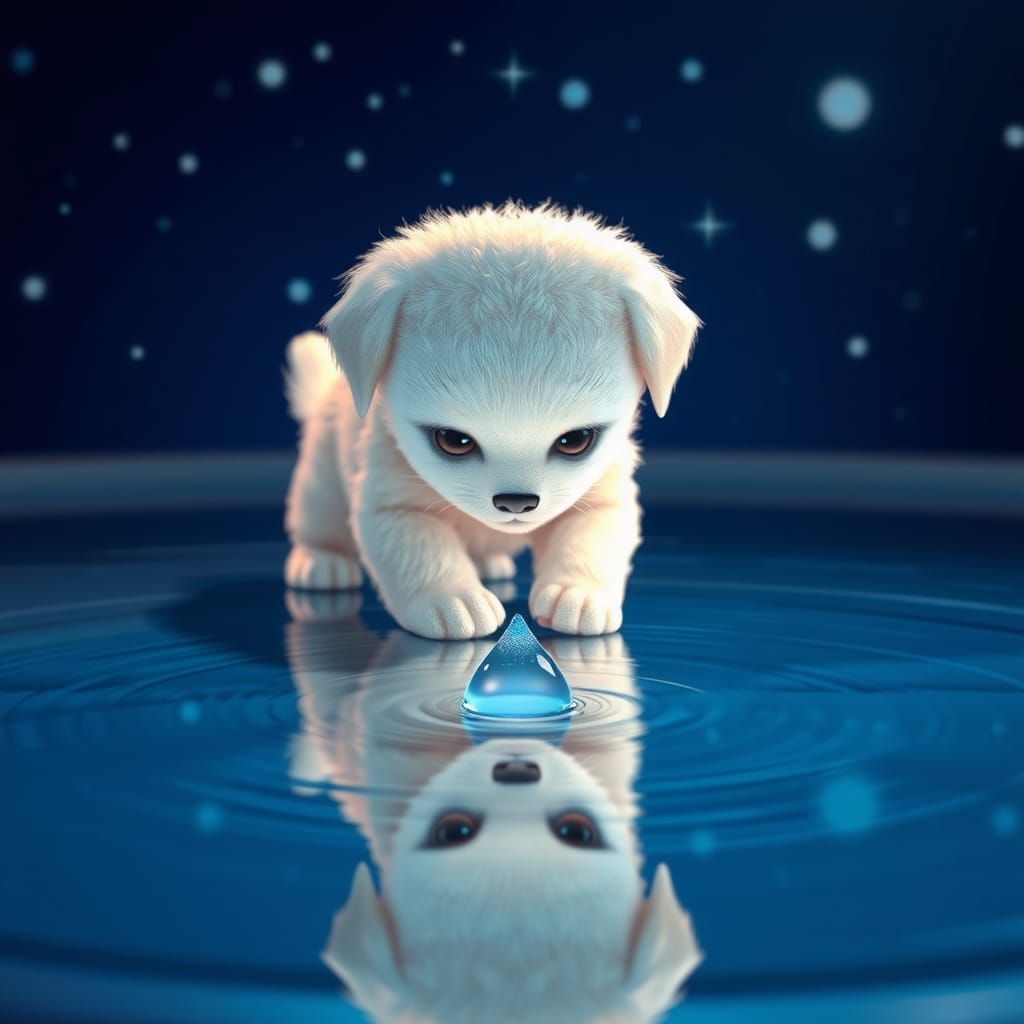 A digitally rendered image of a white cute little puppy  rea...