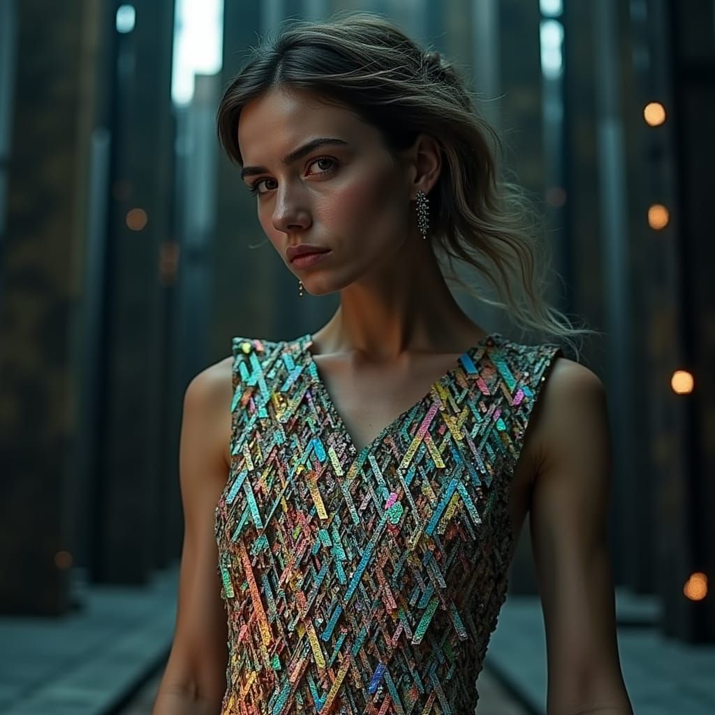 <lora:Sunstone Lattice:1.0> A woman in a dress carved from rainbow lattice sunstone intricate details, HDR, beautifully shot, hyperrealistic...