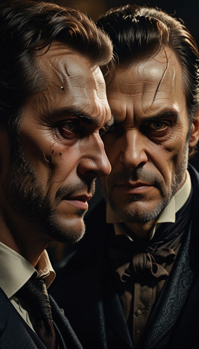 Ultra-realistic portrait of two identical men facing each other. One represents Dr. Jekyll – calm, kind, with soft facial expression, clean ...