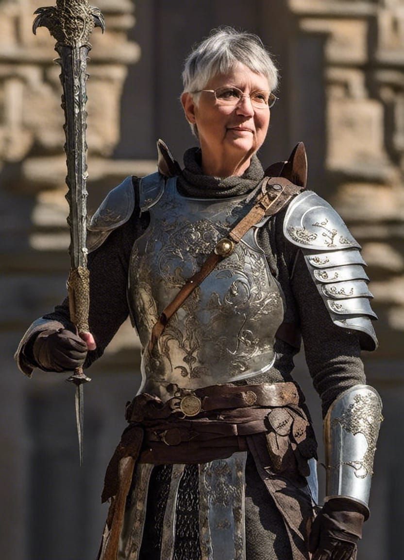 portrait of <lora:Joan Blakely:1.0> in a suit of medieval ar...