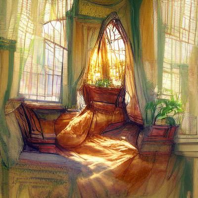 Victorian colored sketch, lush comfortable; Sunlight through the window