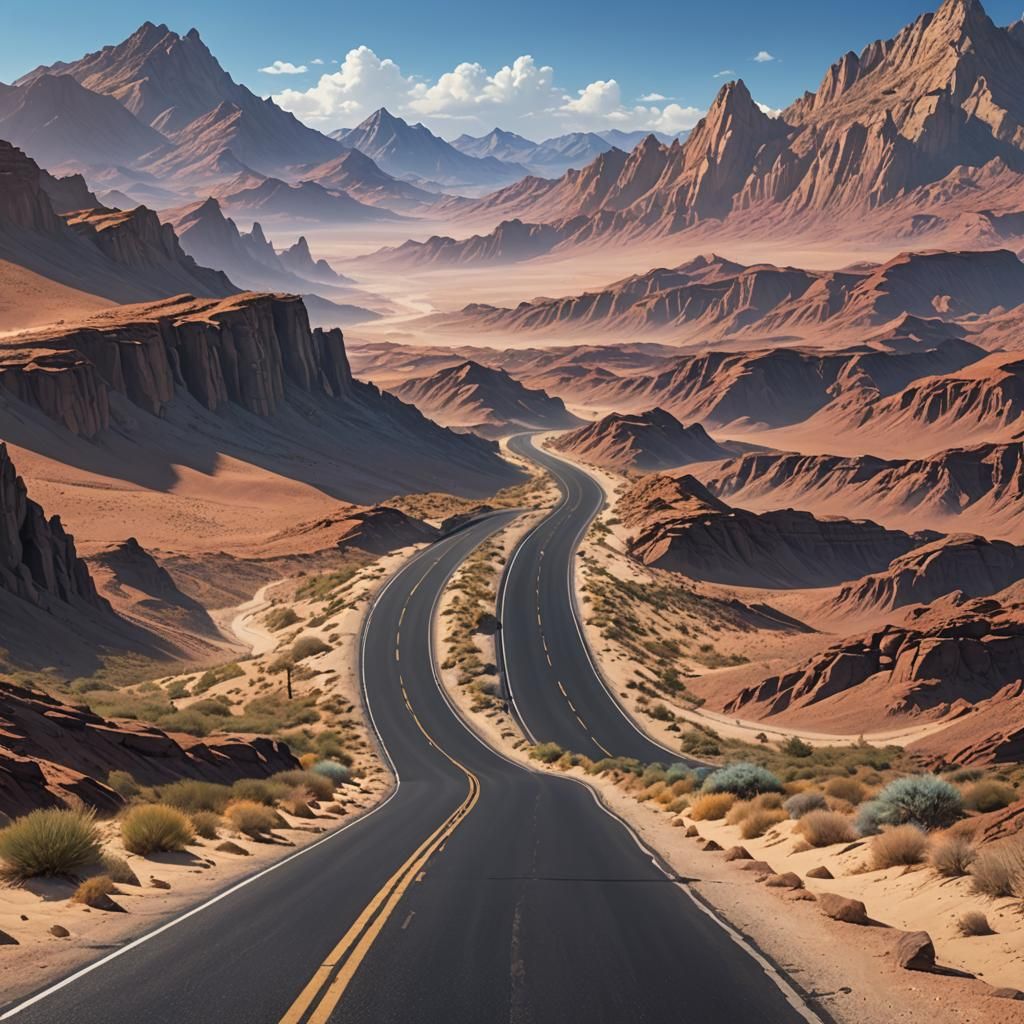 Empty old road behind from desert winding up into distant mo...