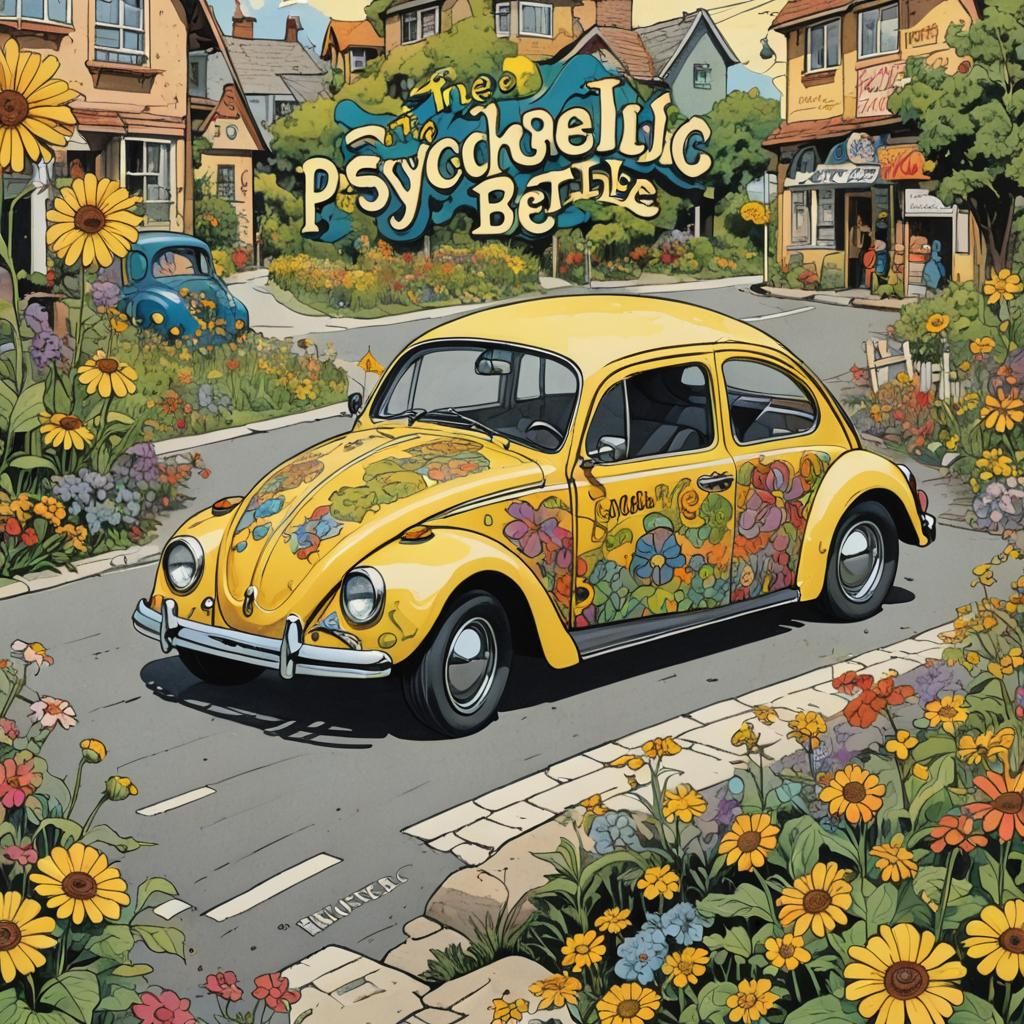 Psychedelic Beetle Comic Adventure in Calligraphy