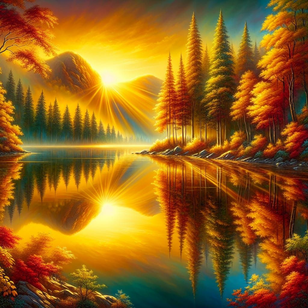 Serene golden sunset over a calm lake  by @ericde