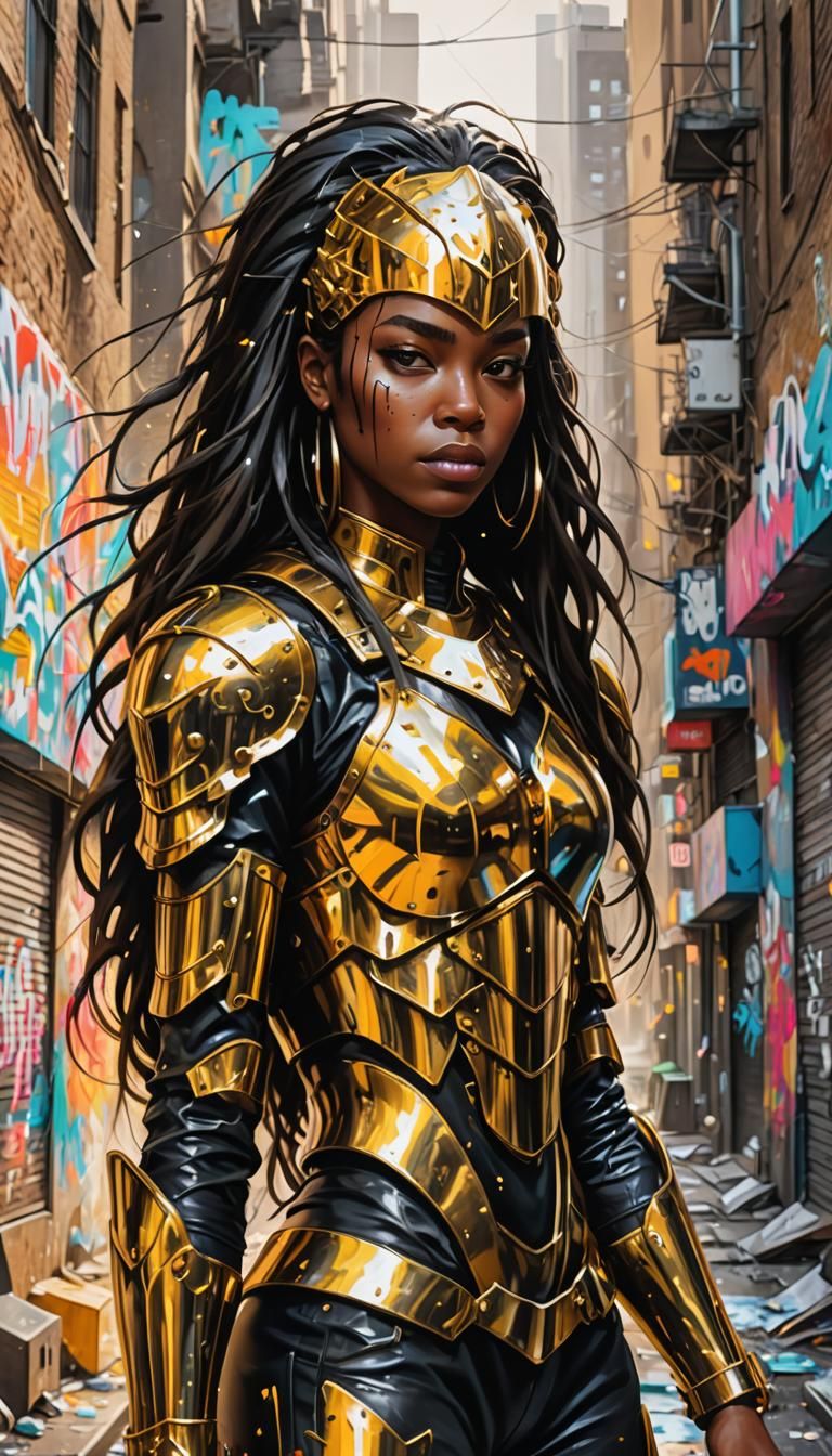 Black woman, straight hair, with golden armor, in the middle...