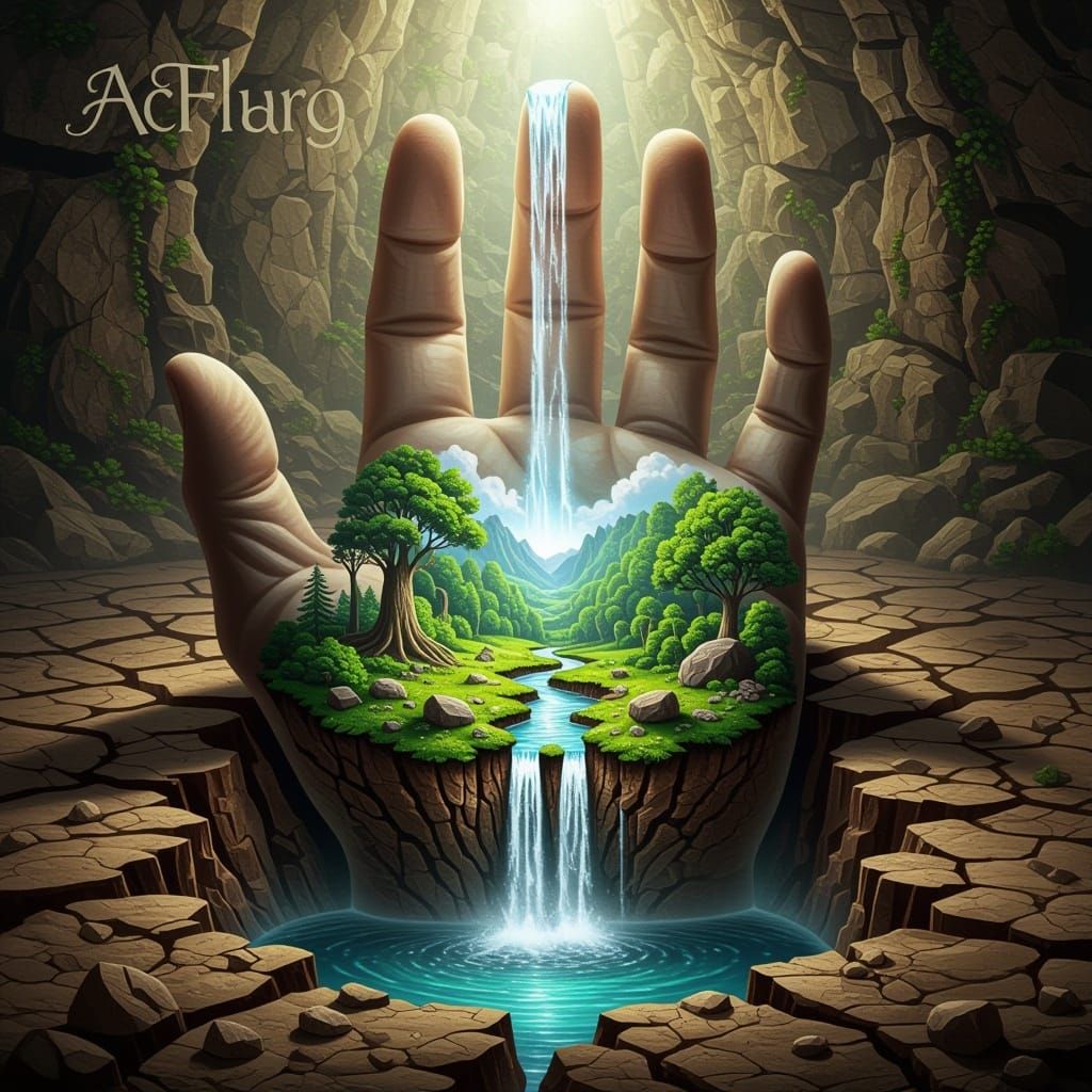 Surreal Hand Genesis: Fantasy World on Erupting Palm