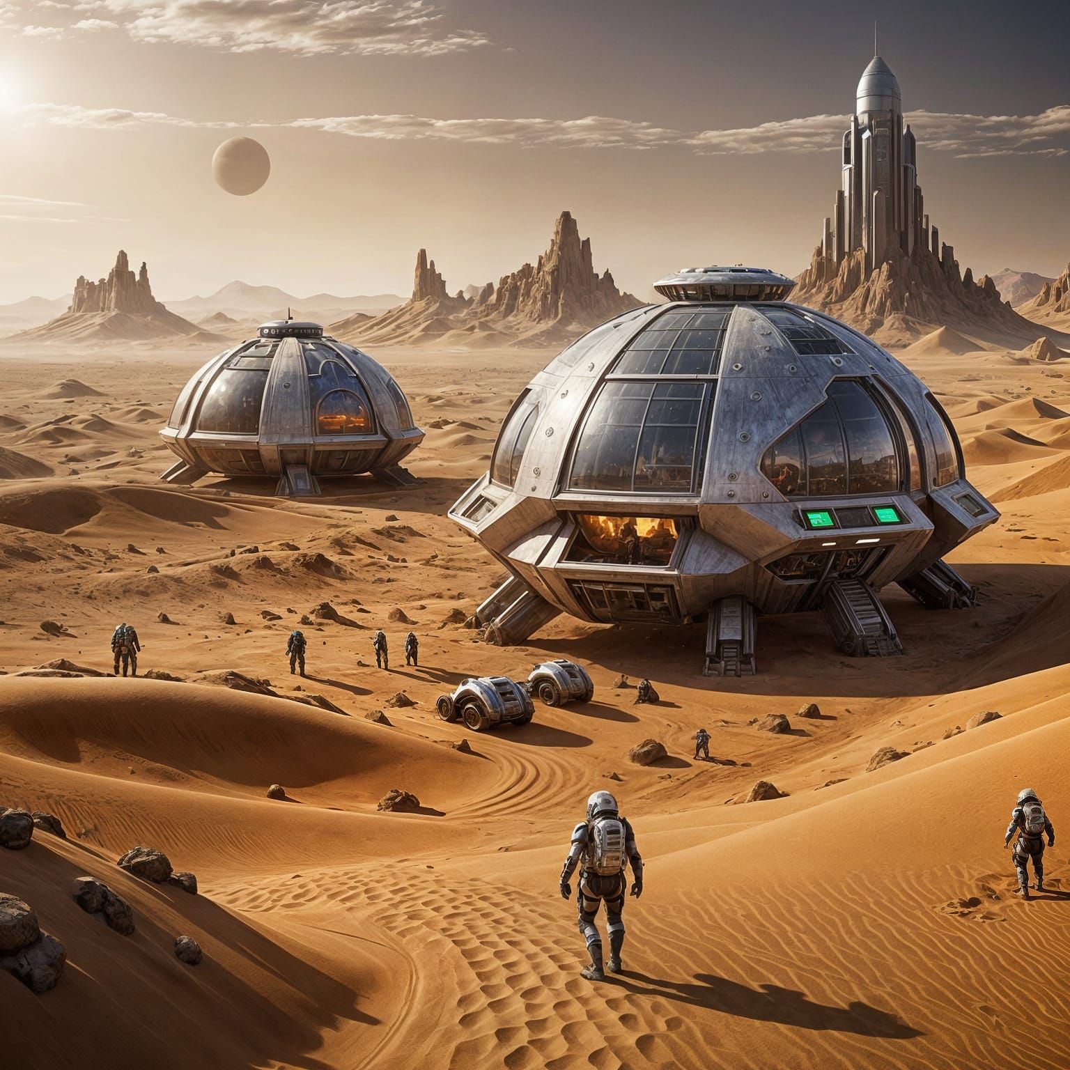 "A hybrid of a futuristic city and a research outpost, with advanced AI systems managing resource allocation and energy grids," "A scene of ...