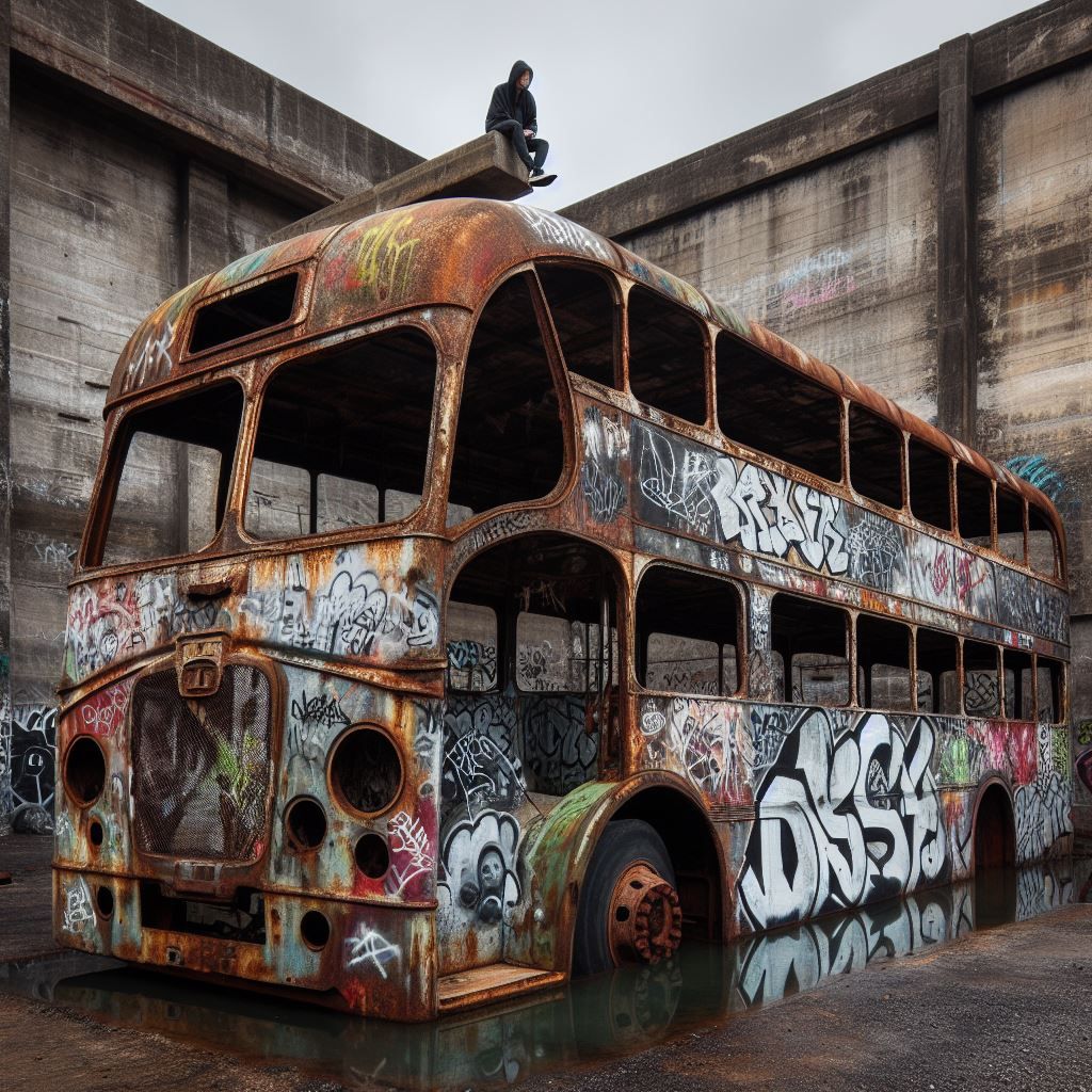 An abandoned, graffiti-covered bus shell