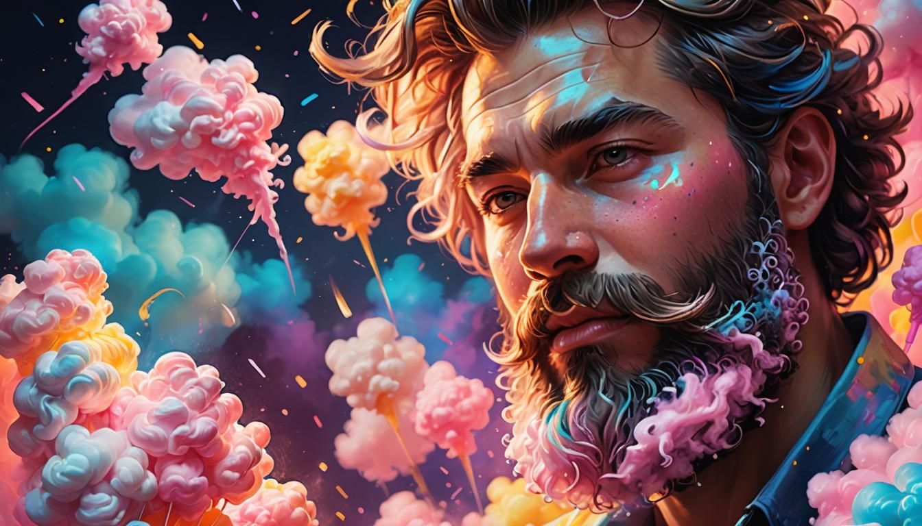 A beard made entirely of cotton candy, swirling with vibrant...