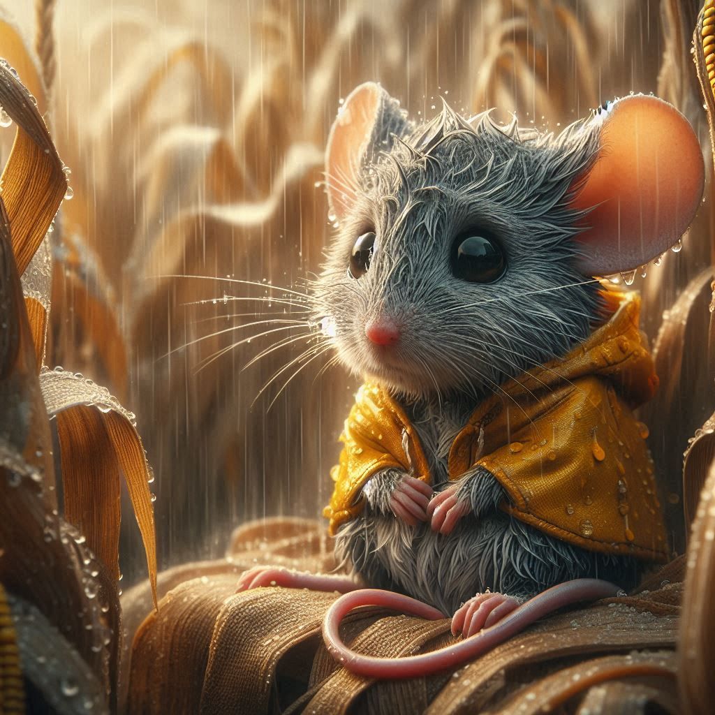 Sad mouse in rain