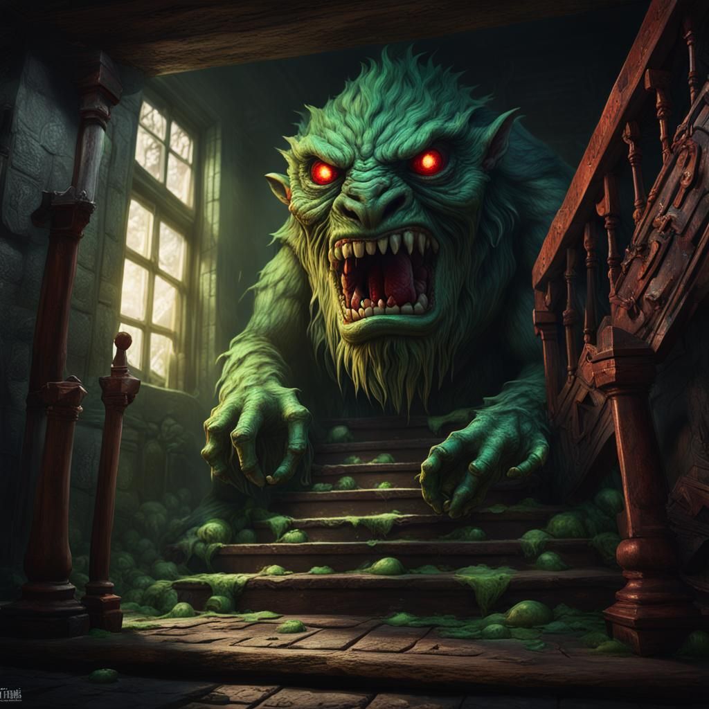 A monster who lives under the stairs with green teeth and re...