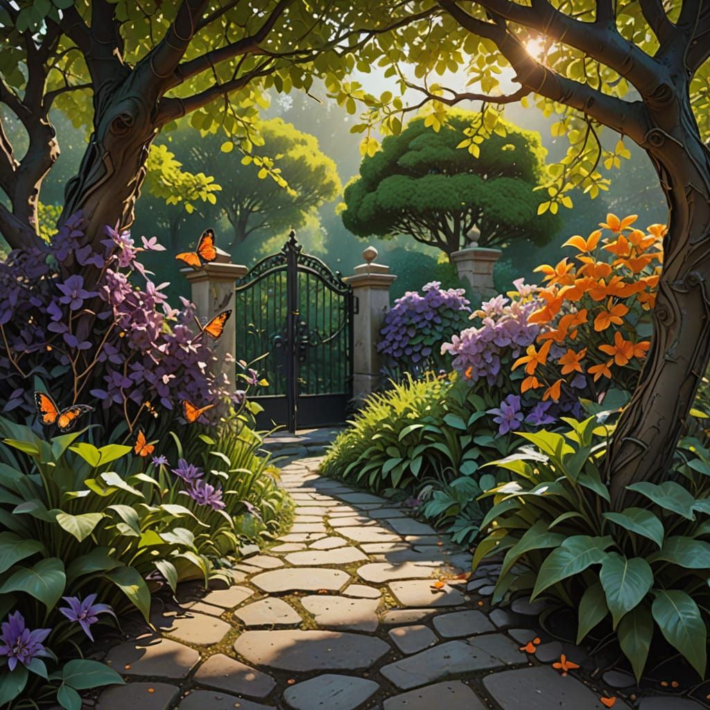 A Hidden Garden Tucked Away Behind an Iron Gate, Bathed in Soft Sunlight  by @RC