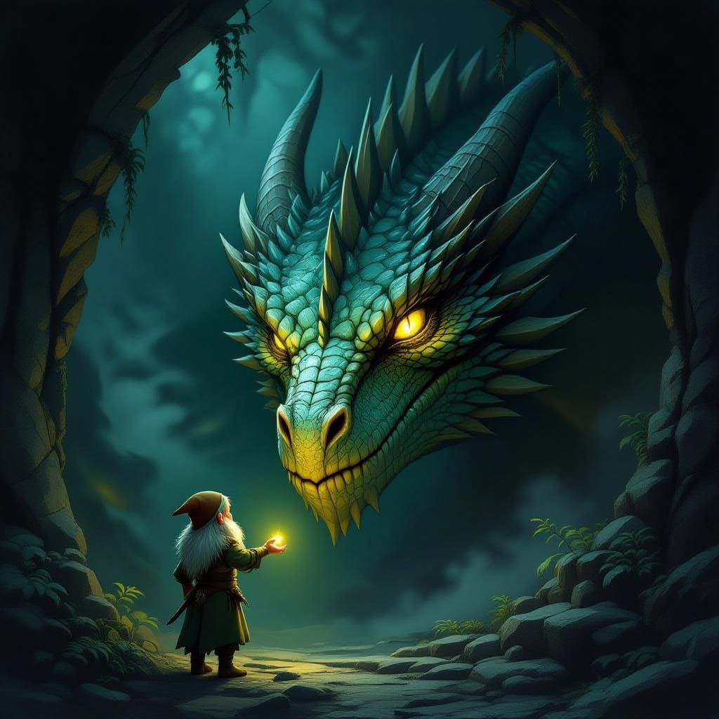 Mysterious Dragon and Dwarf Encounter in Fantasy Painting