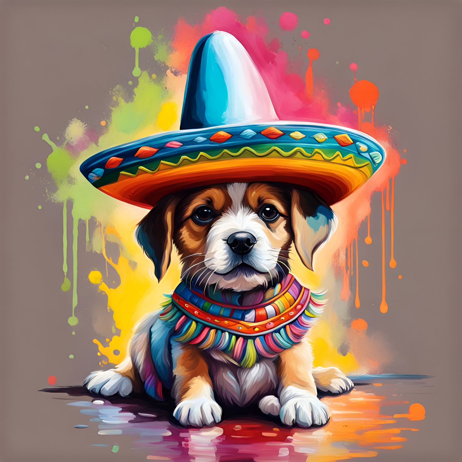Puppy in Sombrero: Colorful Fantasycore Splash Art