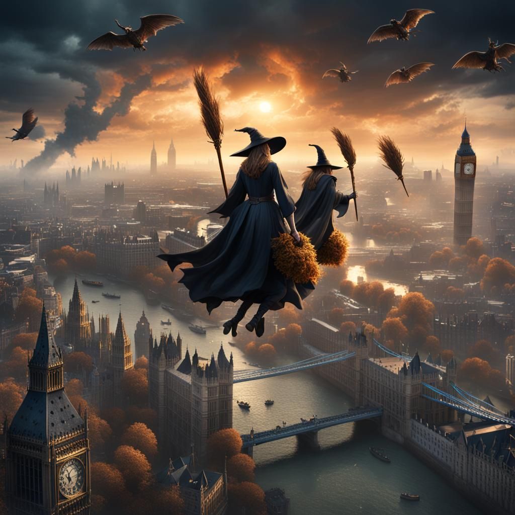 Witches flying on brooms above London