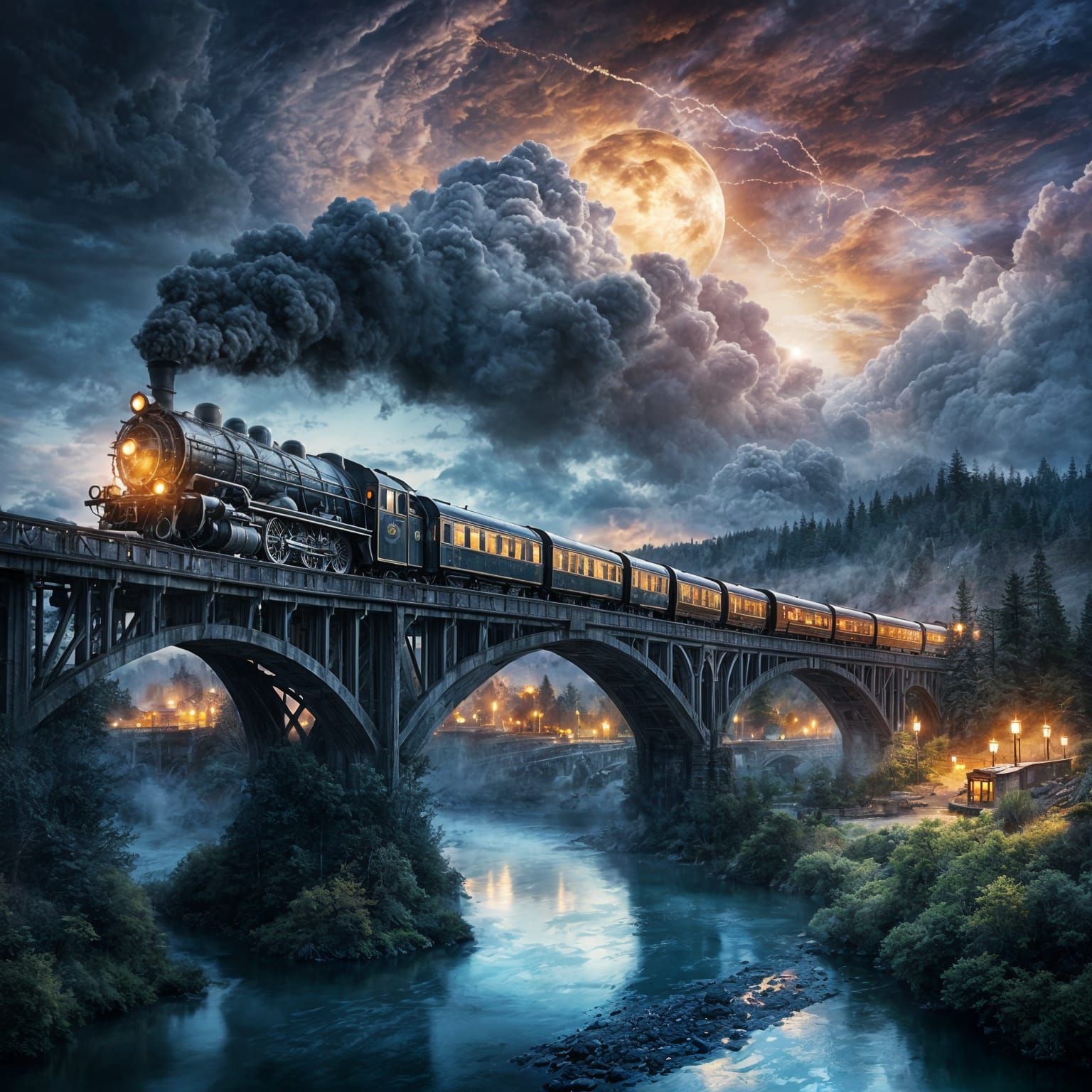 A Grand Twilight Fantasy Panorama – Hyper-Detailed Double-Exposure Vibes

A majestic, wide cinematic landscape at the edge of twilight. A po...