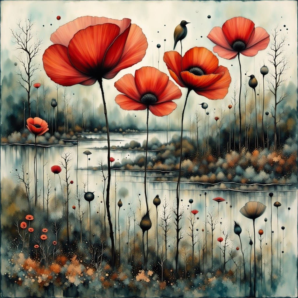 <lora:Moody flux:1.0> Merged double exposure layered image of beautiful delicate detailed reflections on the water, by Stewart Edmondson, Th...