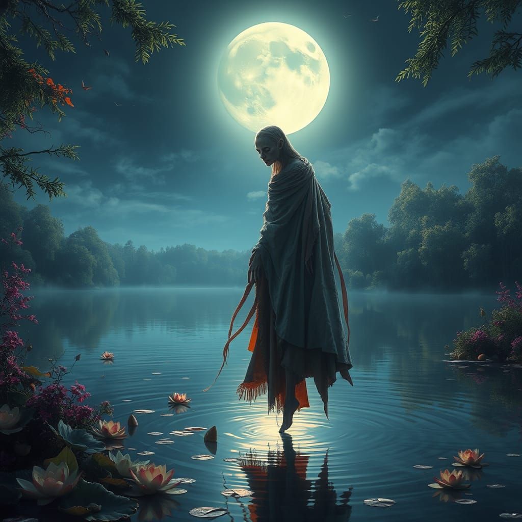 Ethereal Figure Above Moonlit Lake in Fantasy Painting
