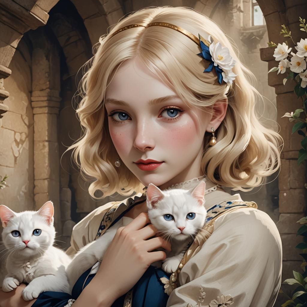 Mysterious blond girl embraces cute white kitty. - AI Generated Artwork ...