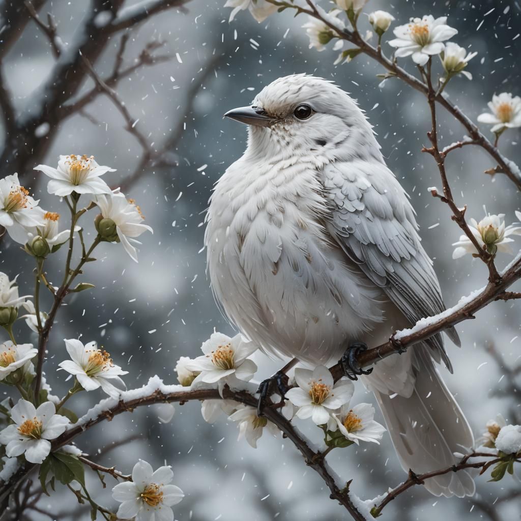 White beautiful bird on a white flower in the snow. A light snow is falling. Snow flakes are observable. ...  by @POP WIZARD