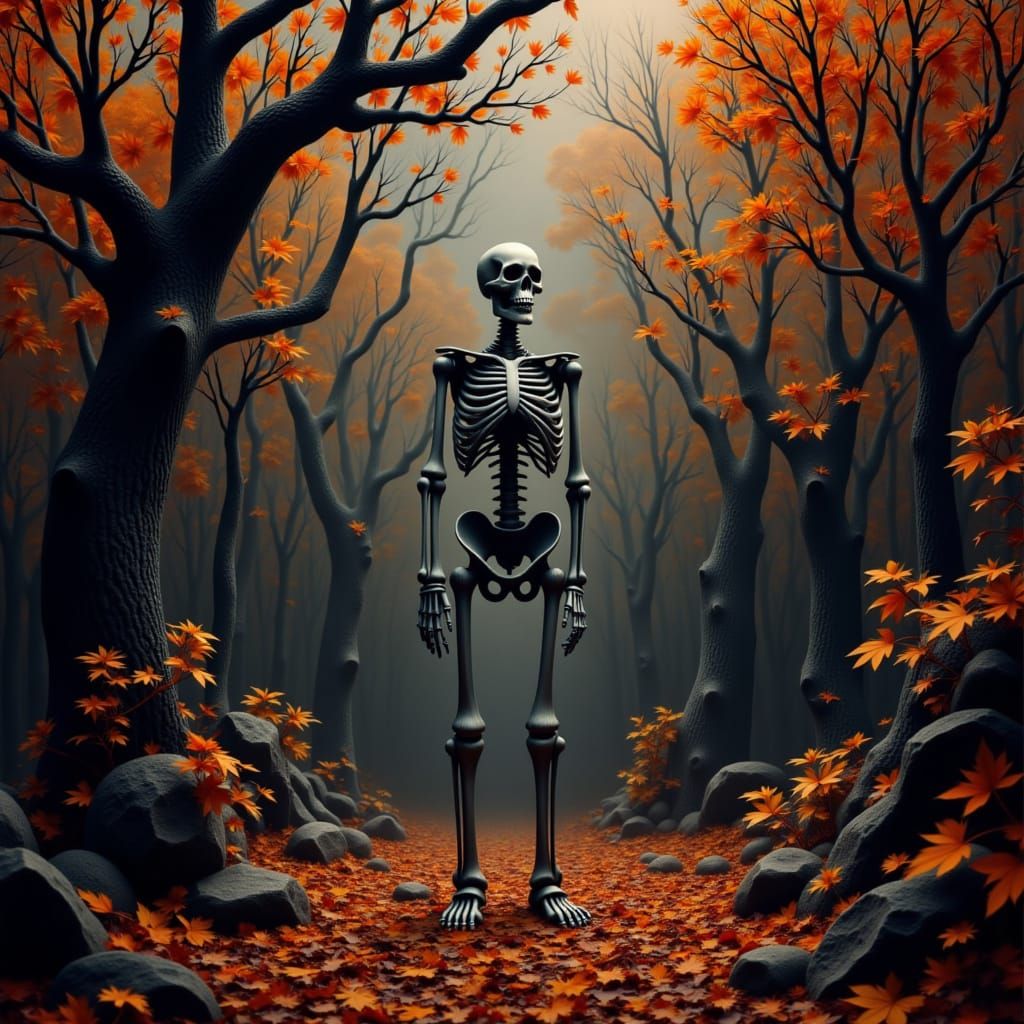 <lora:Spooky Skeletons:1.0> Halloween  skeleton   in autumn environment environment