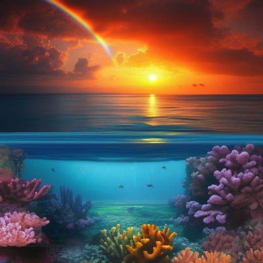 coral reef sunrise, during a beautiful rainbow realistic
