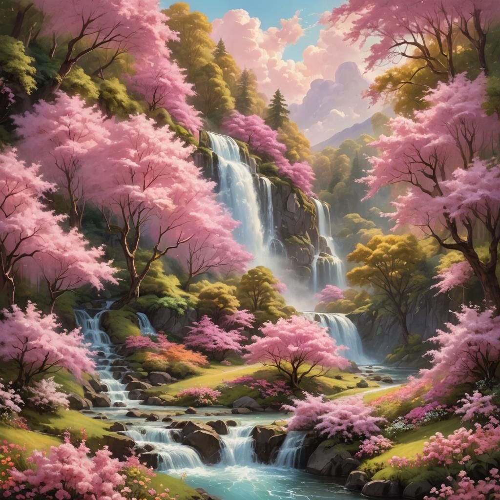 Pink Waterfall in Whimsical Fantasy Landscape