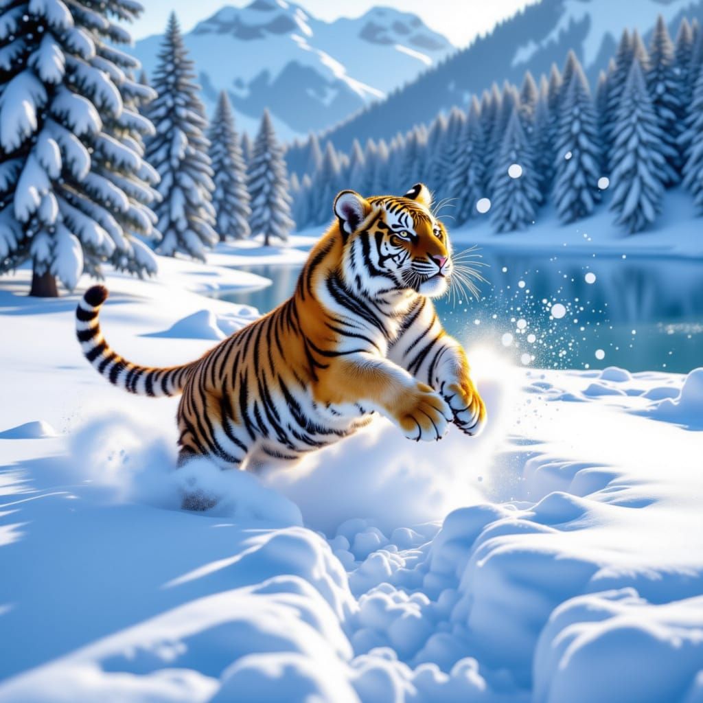 Tiger at lake during winter snowfall having fun in the snow <lora:Snow Tiger:1.0>