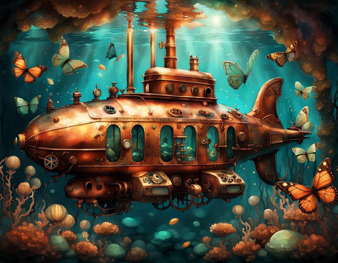 butterflies underwater, COPPER steampunk SUBMARINE :: spectral texture, INTRICATE, :: Bella Kotak :: ...  by @Shlucky