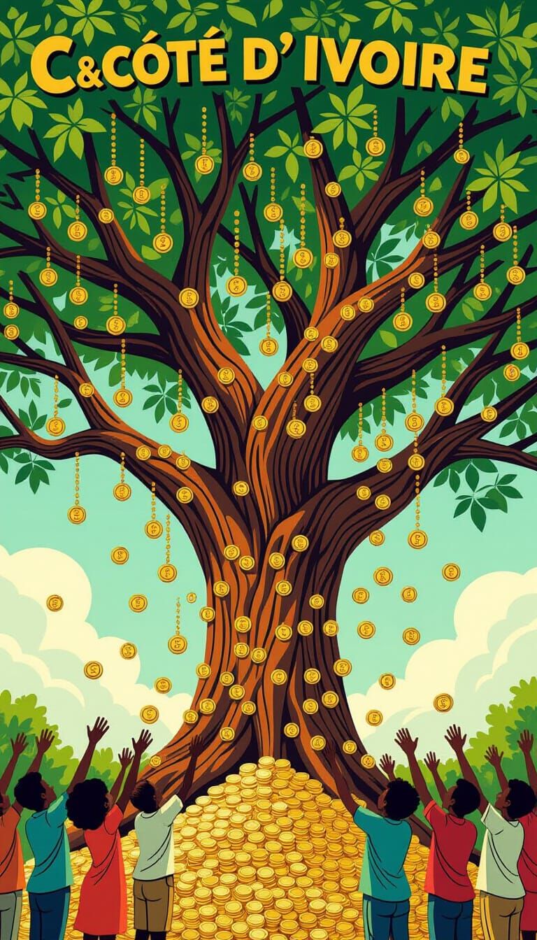 A tree with Côte d'ivoire flag colour and the branches bearing gold money and silver and surrounded with people that picking money on it.