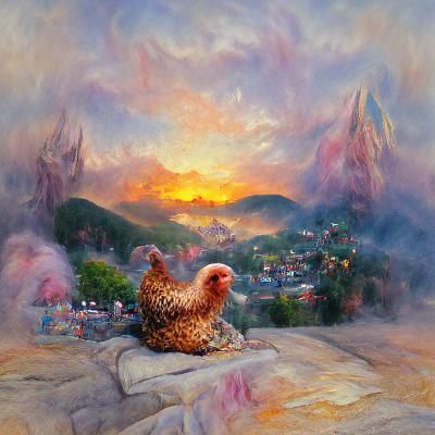 Chicken sitting on a mountain and watching a sunset