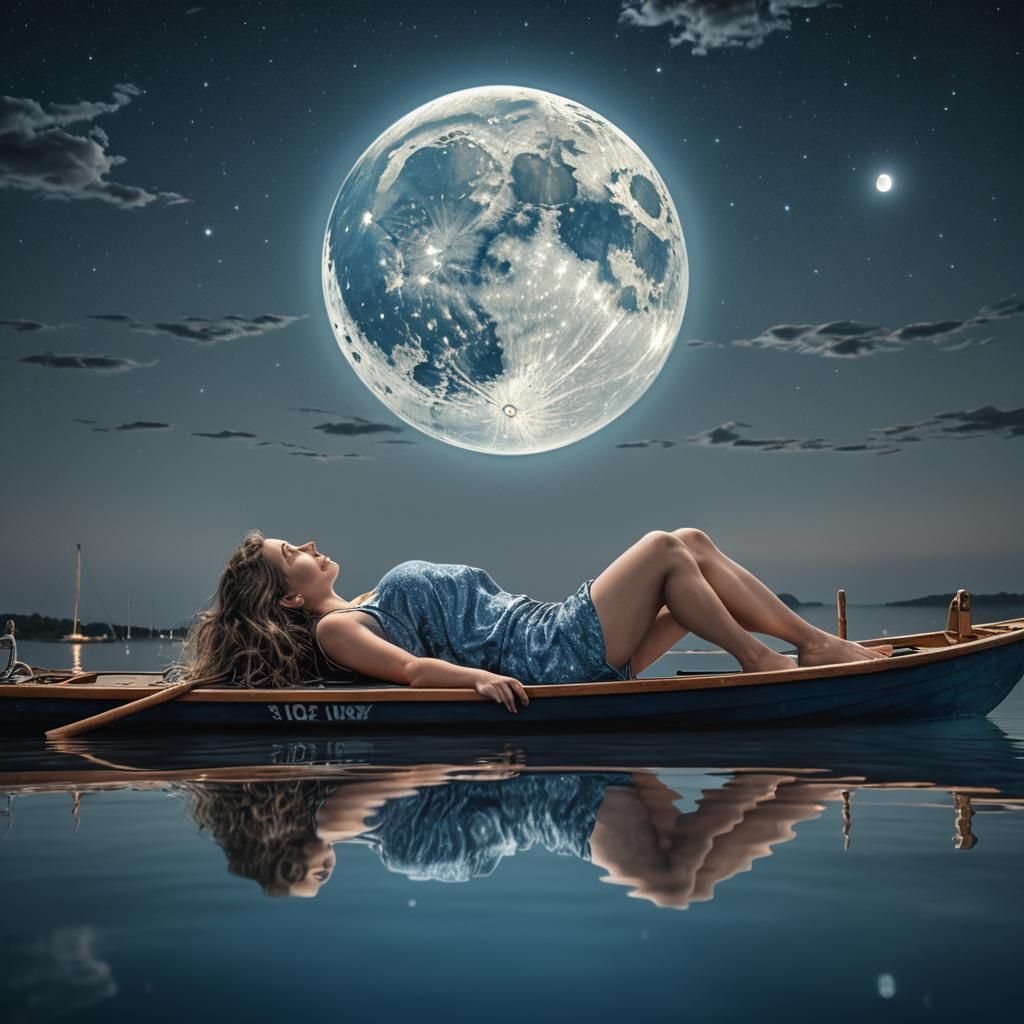 Woman Stargazing on Boat Under Moonlit Sky