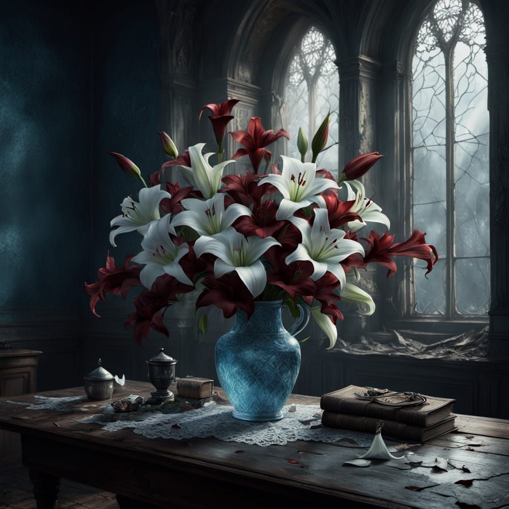 A gothic still-life of a crystal vase filled with white and deep red lilies 1