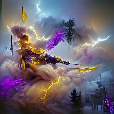 epic warrior angel of lightning in the clouds, lightning bol...
