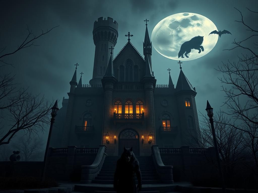 A modern dark haunted house with a werewolf in the front and ghosts