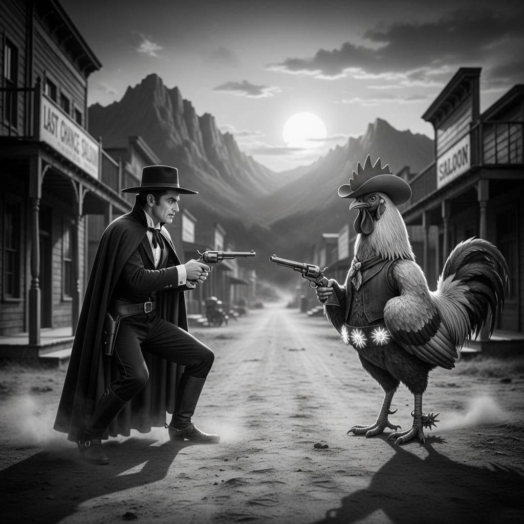 An Old West shootout between a vampire and a rooster.