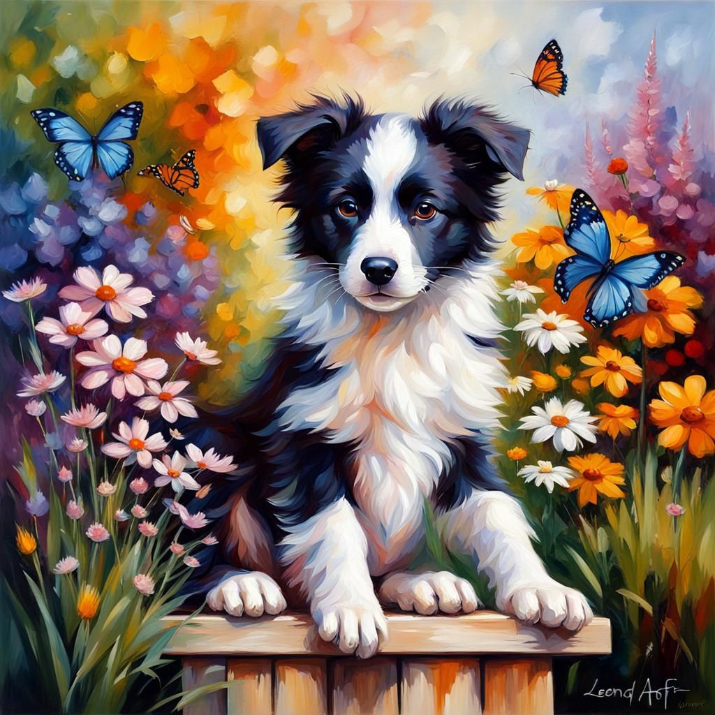 Border Collie wooden plinth with flowers (butterflies) - AI Generated ...