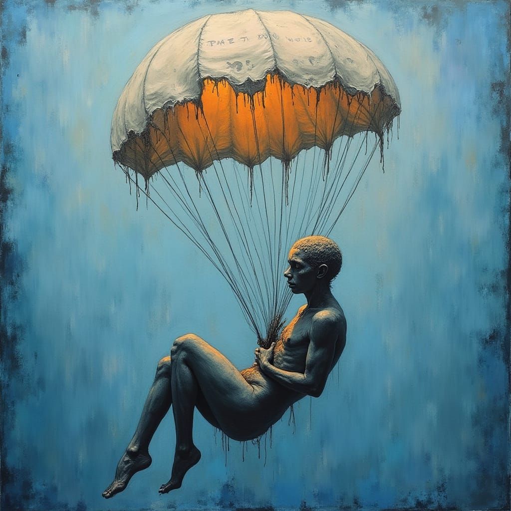 Fragile Figure with Gauze Parachute in Oil and Charcoal