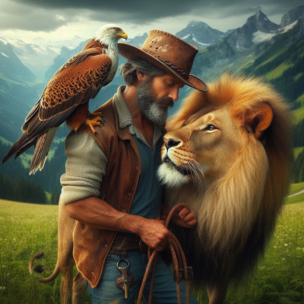 A Man Walking his Lion and Falcon !!