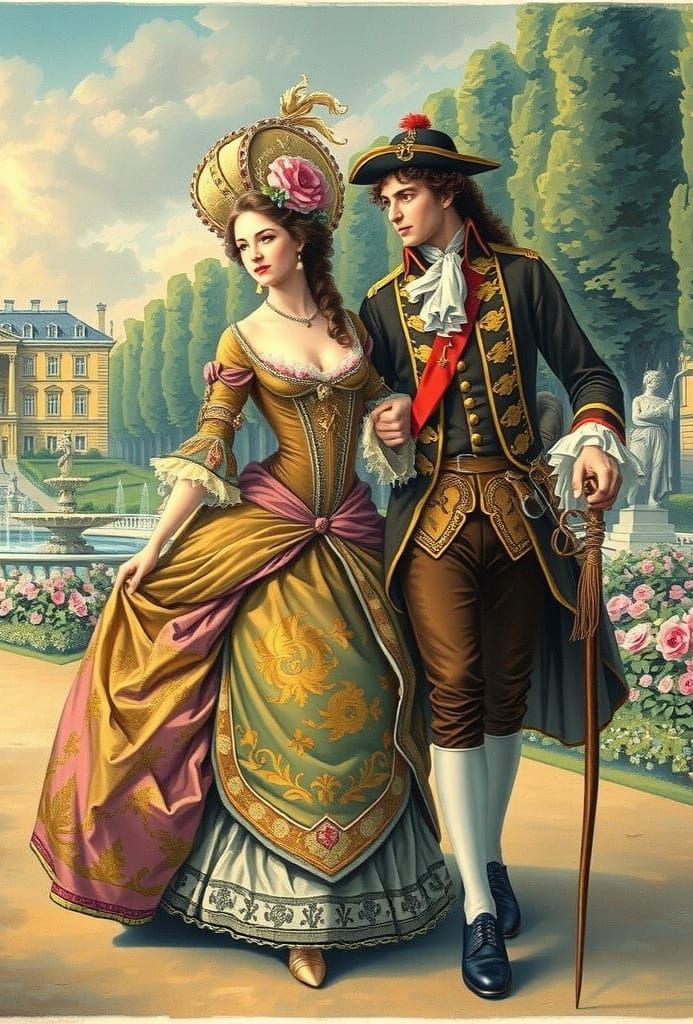 Regal Couple Strolls Through Versailles in Rococo Style