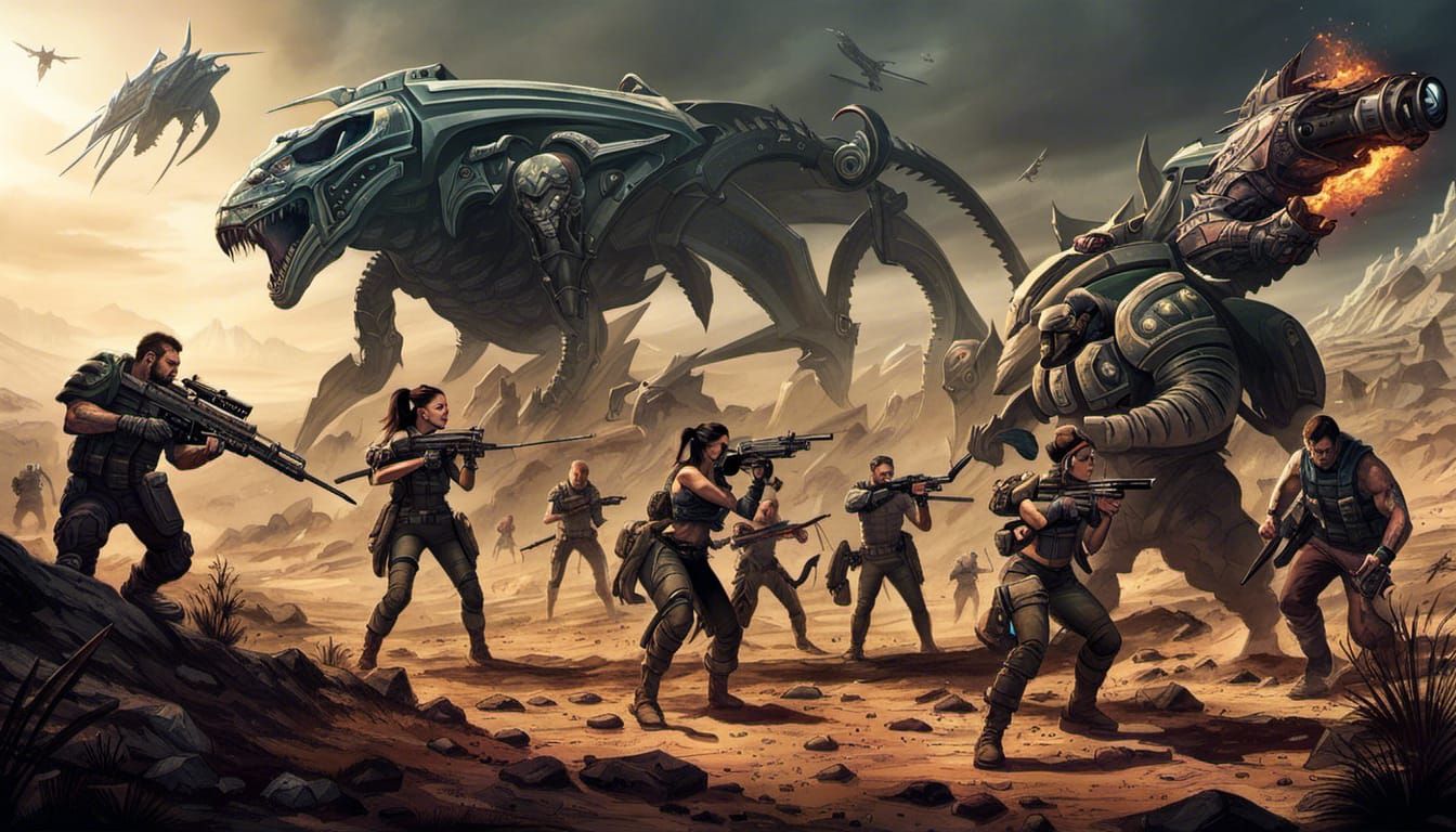 "Mercenaries with tattoos males and females fighting creatur...