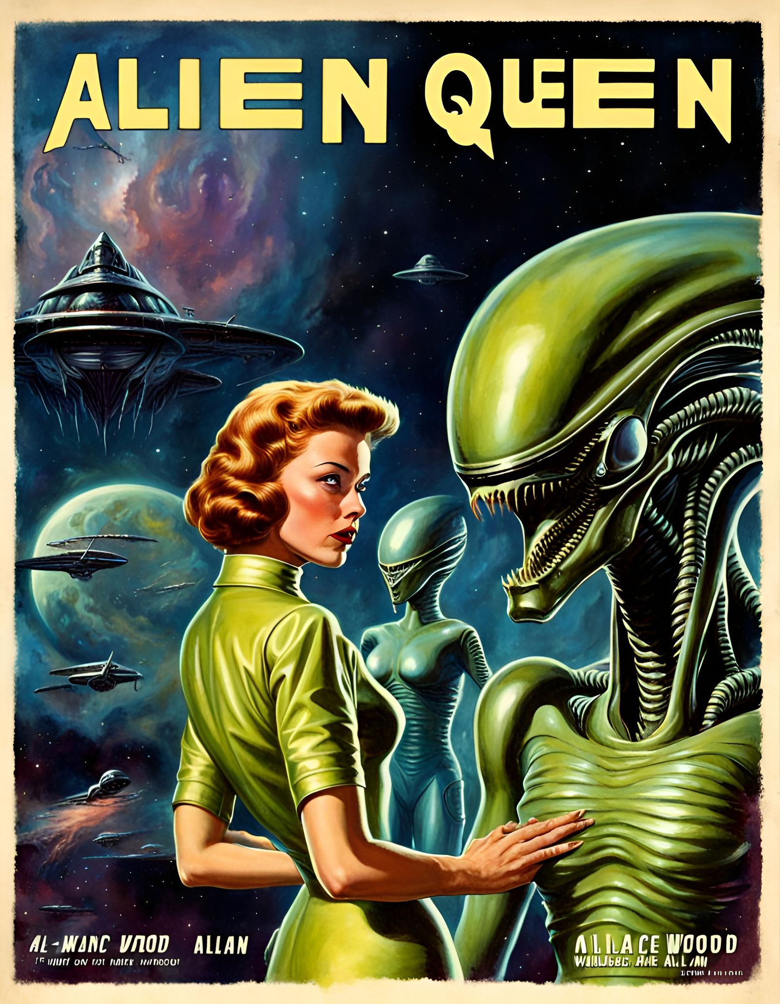 Alien queen, retro 50s sci-fi book cover art by artist “Wallace Allan ...