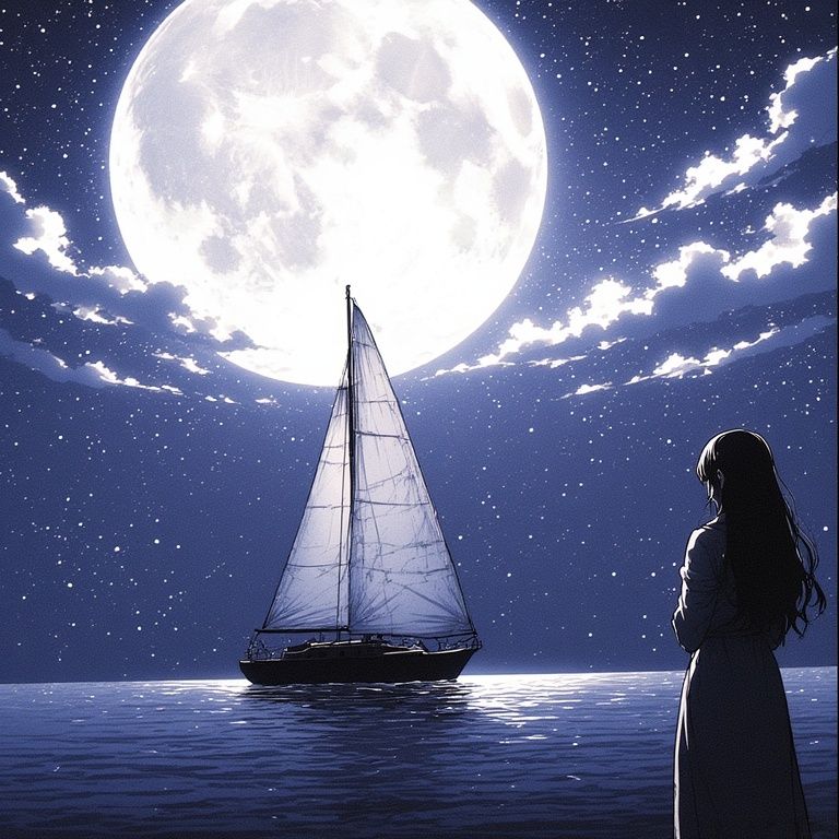 A sailboat glides under the moon's glow