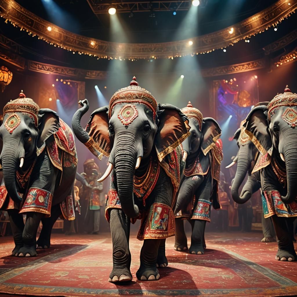 Elephants in Traditional Dress Performing Live, Oil Painting
